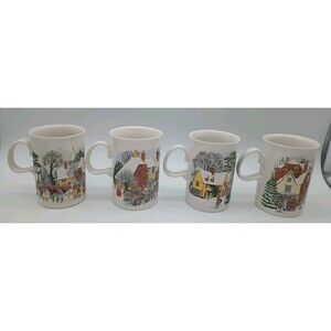 (4) Dunoon  Stoneware Mugs - Winters Tale Christmas Scotland Village Snow Horse